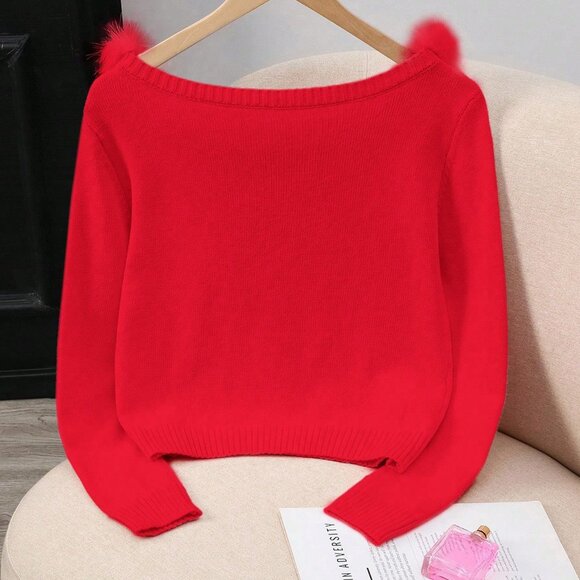 Red Women's Patchwork Fuzzy Trim Collar Fitted Long Sleeve Sweater - Picture 2 of 8